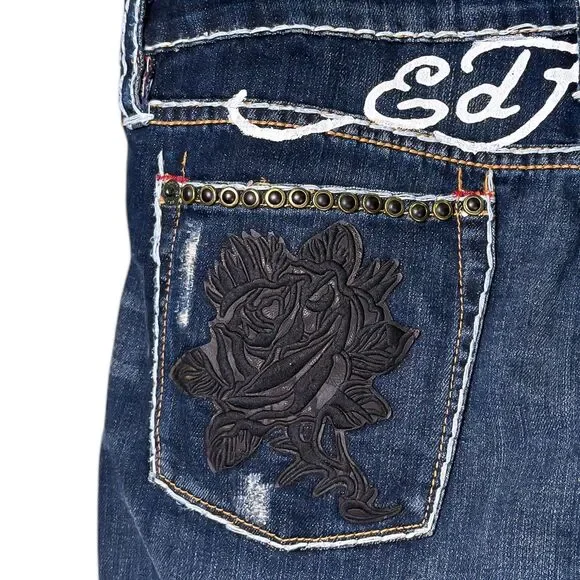 Ed Hardy Christian Audigier Boyfriend Jeans Womens Blue Dark Wash Embellished 30